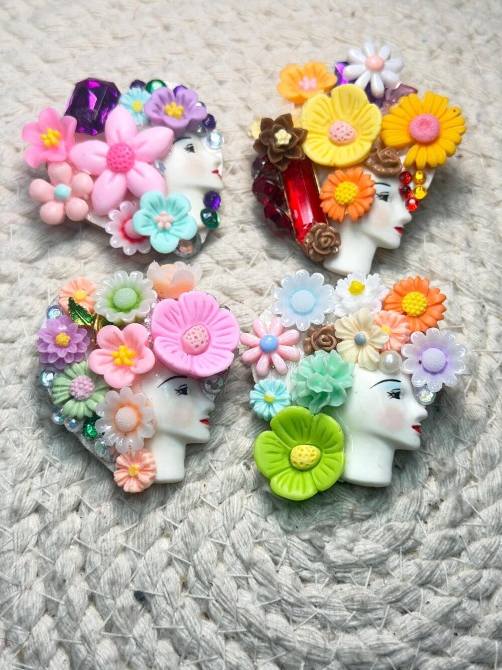 Handmade Floral Lady Face Brooches Set of 4 OOAK Dimensional Flower Pins
